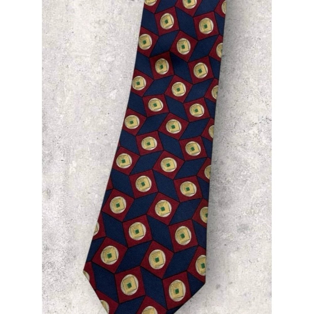 NEW BURBERRYS Silk Tie USA Blue Burgundy Gold Geometric W:3.8" - Picture 7 of 7